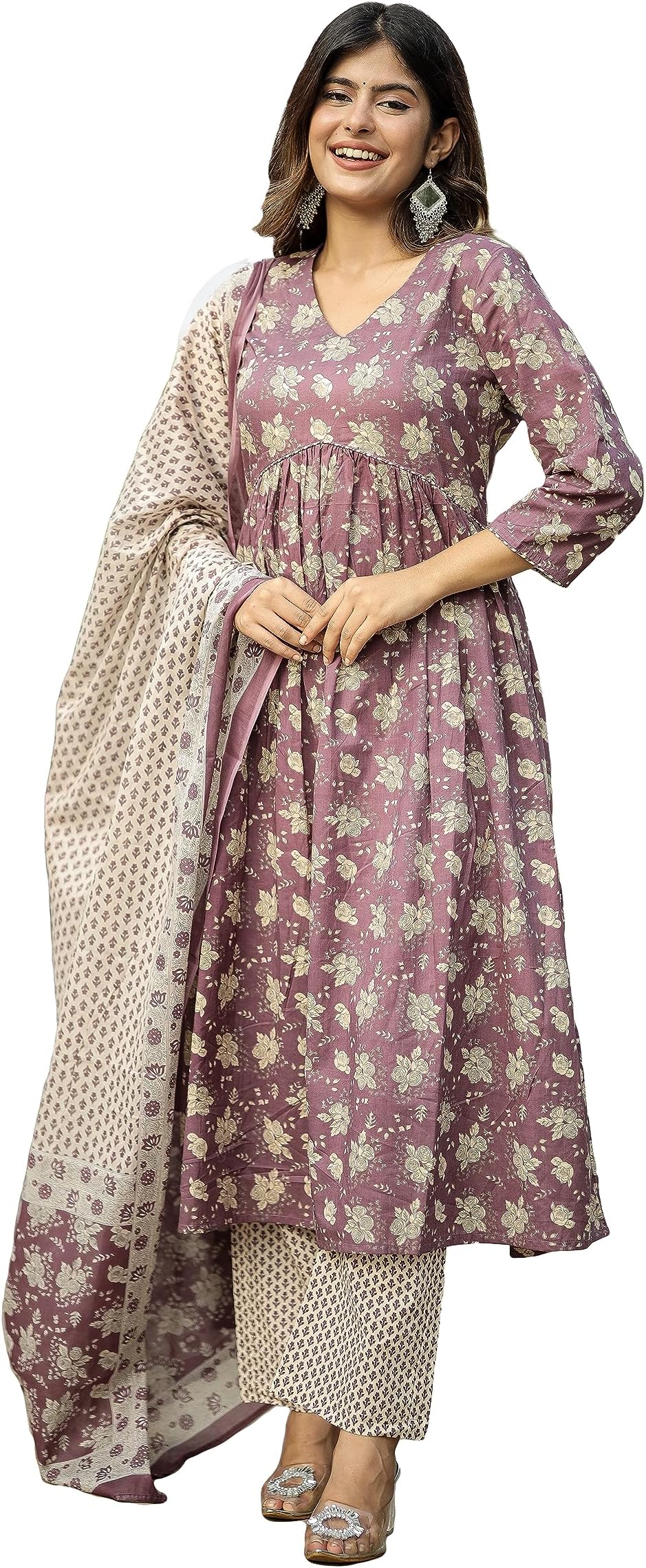 miss fameWomen's Cotton Printed Kurta with Pant and Mulmul Dupatta - (Purple)