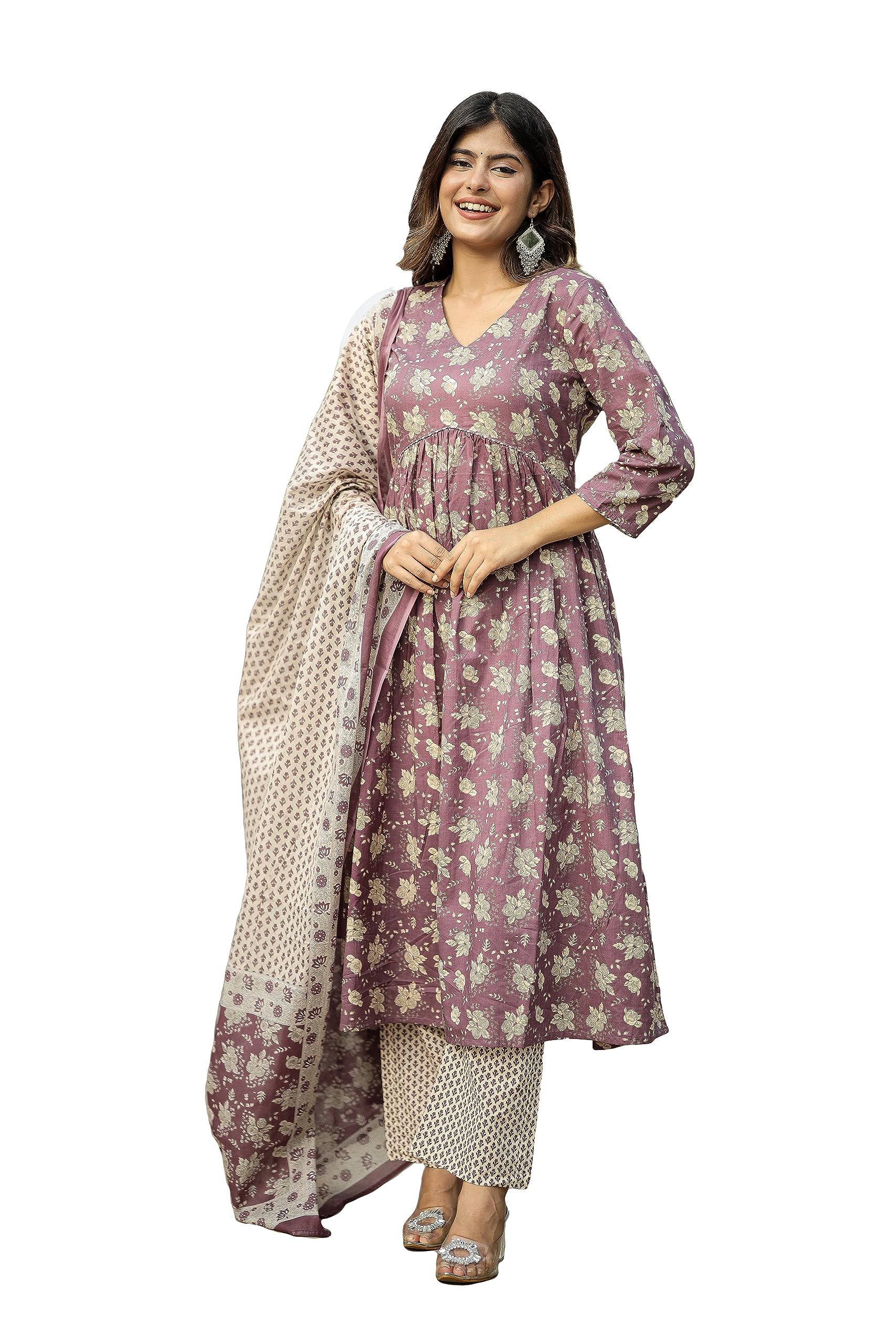 miss fameWomen's Cotton Printed Kurta with Pant and Mulmul Dupatta - (Purple)