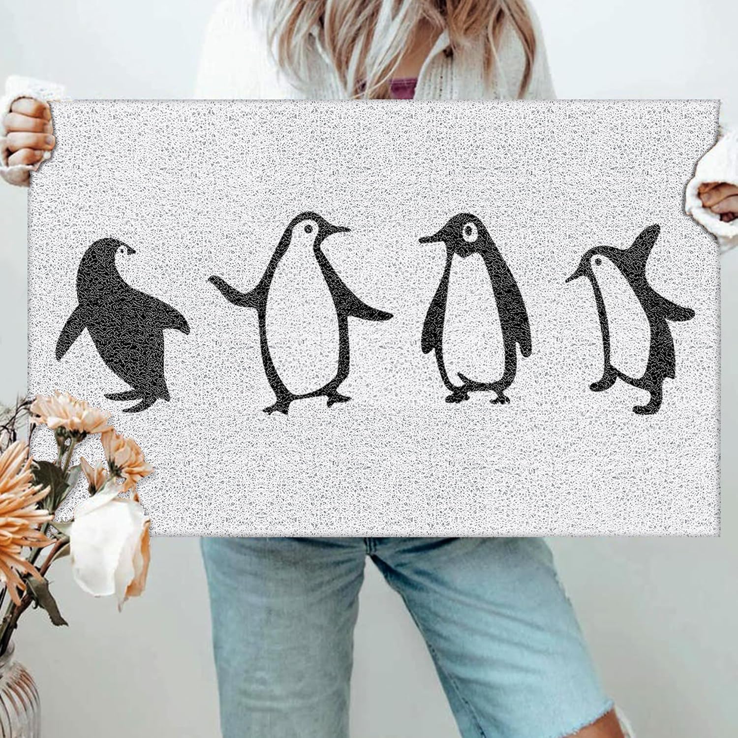 Penguin Door Mat,Penguin Lover Gifts for Women Men, Animal Lovers Gifts Doormat Non-Slip for Front Door Porch Indoor Outside Entrance Entryway, Black and White Welcome Mat, 17x30 Inch