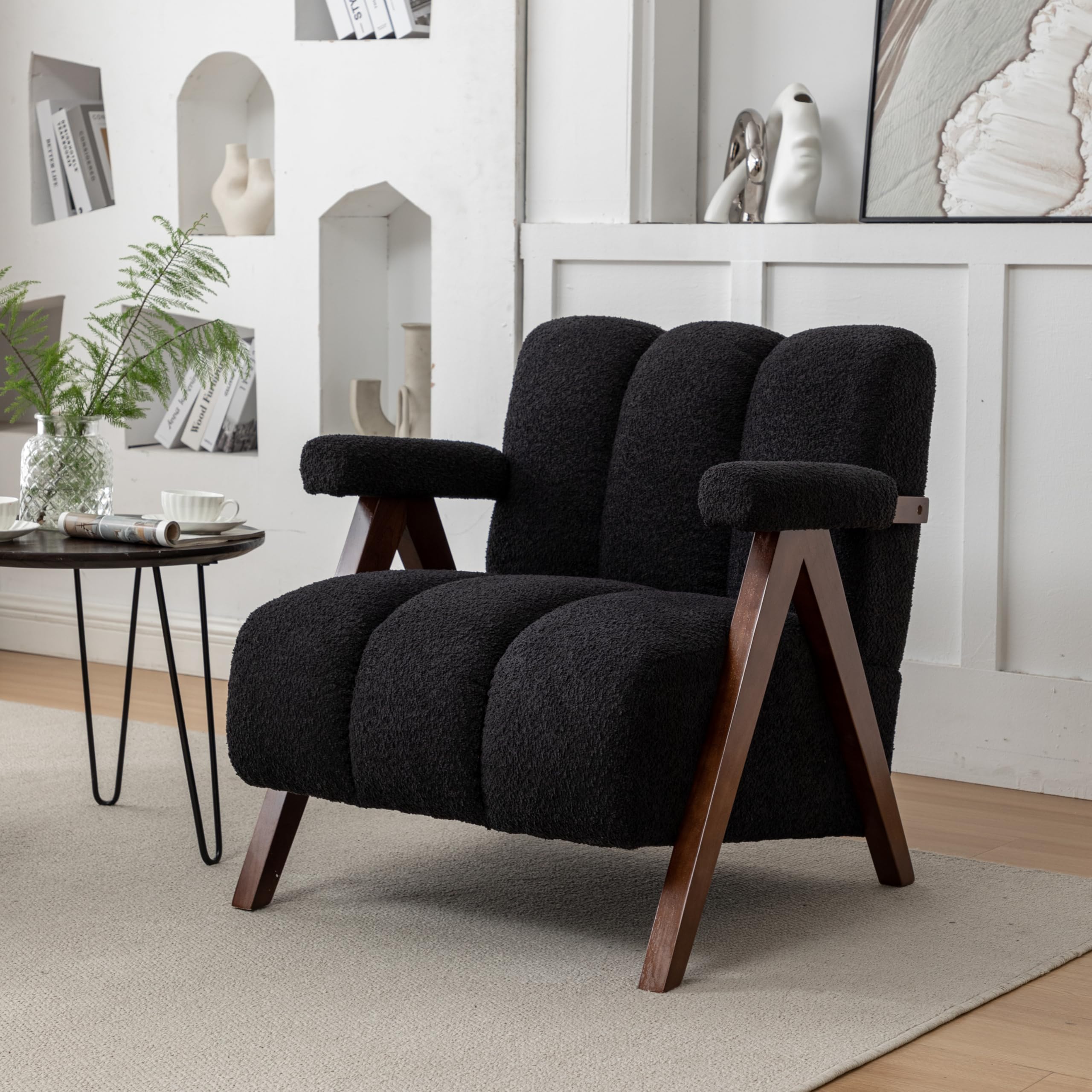 DRKAT Mid Century Modern Accent Chair with Solid Wood Frame, Boucle Upholstered Living Room Chairs with Thick Cushion, Comfy Tufted Arm Chair for