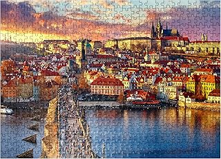 MyPuzzle Panoramic View On Top of Charles Bridge Prague Castle and Vltava River Prague Czech Republic - Premium 500 Piece Jigsaw Puzzle for Adults