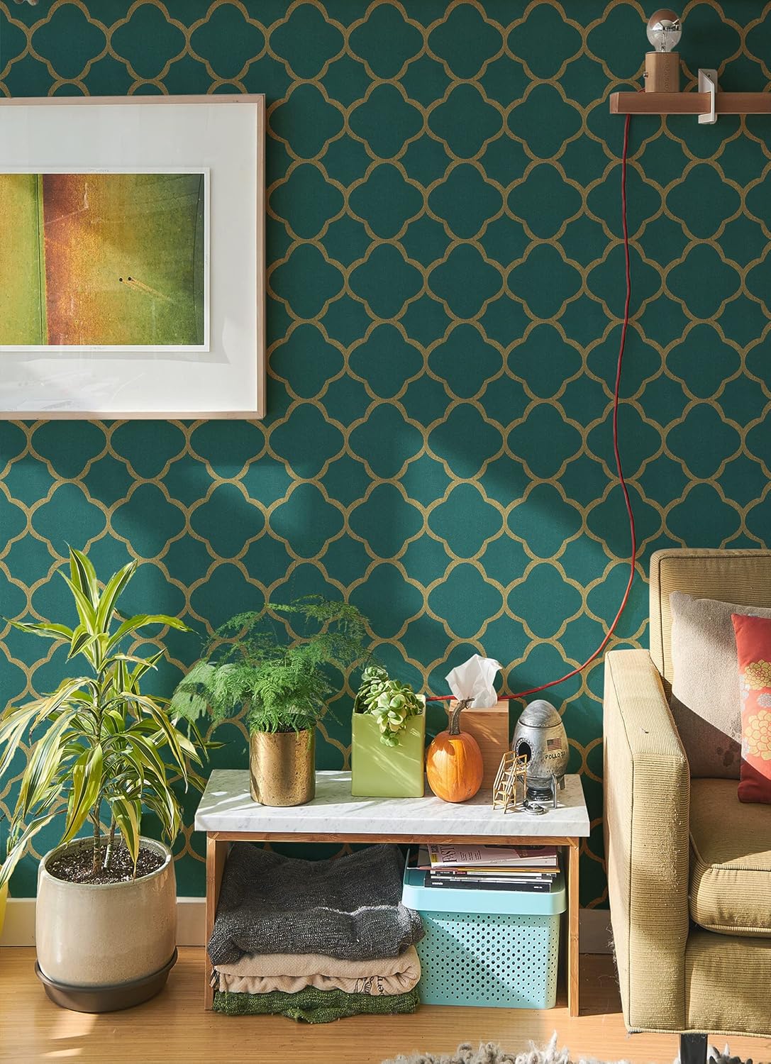 Safiyya 393"x17.7" Peel and Stick Wallpaper Gold Green Contact Paper Self-Adhesive Removable Wallpaper Modern Trellis Gold Peel and Stick Wallpaper for Bedroom Kitchen Vinyl Roll