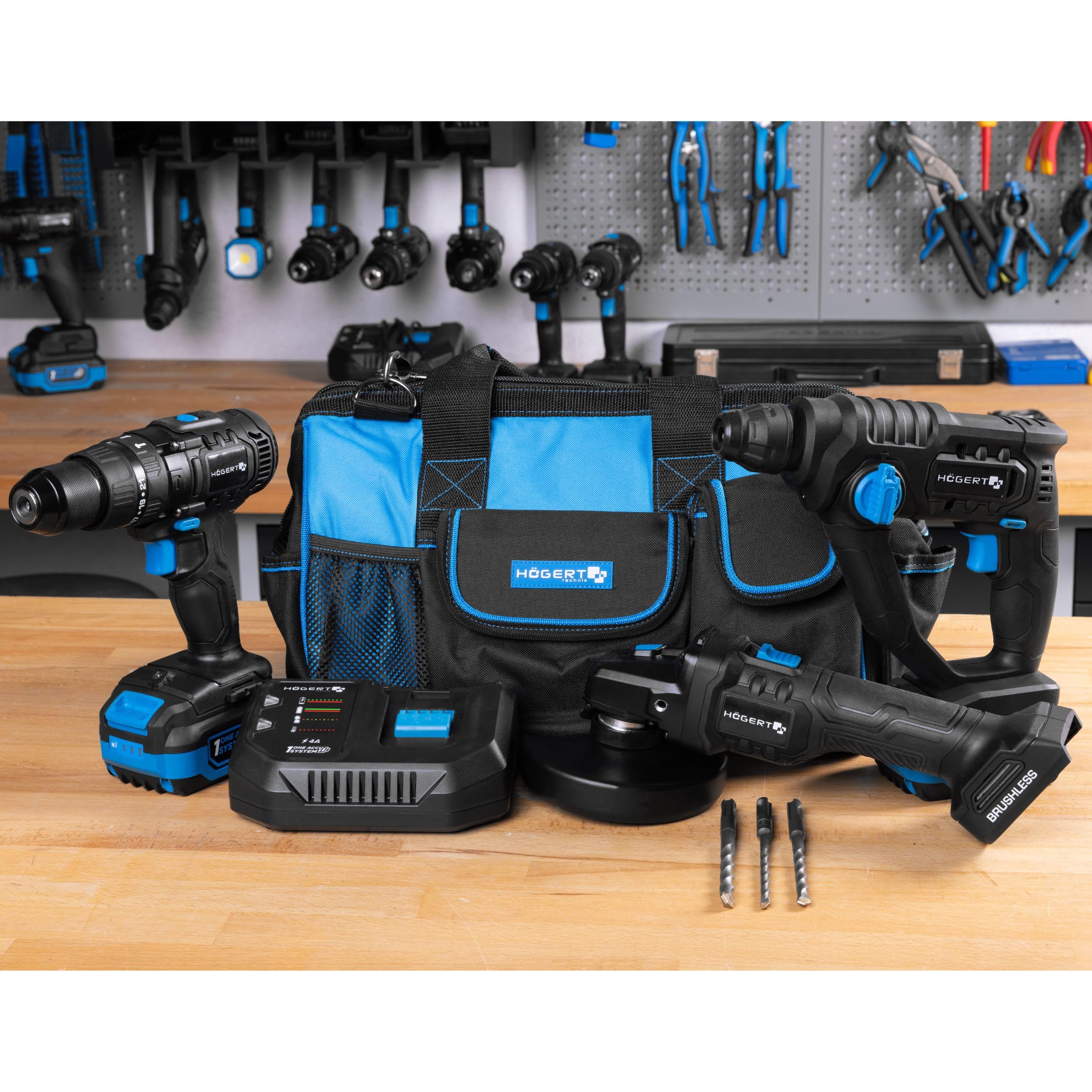 HÖGERT TECHNIK - Juego de herramientas eléctricas a batería 18 V Taladro percutor Martillo perforador SDS+ Amoladora angular 125 mm 2 baterías de 4 Ah Cargador de 4 A Juego de herramientas