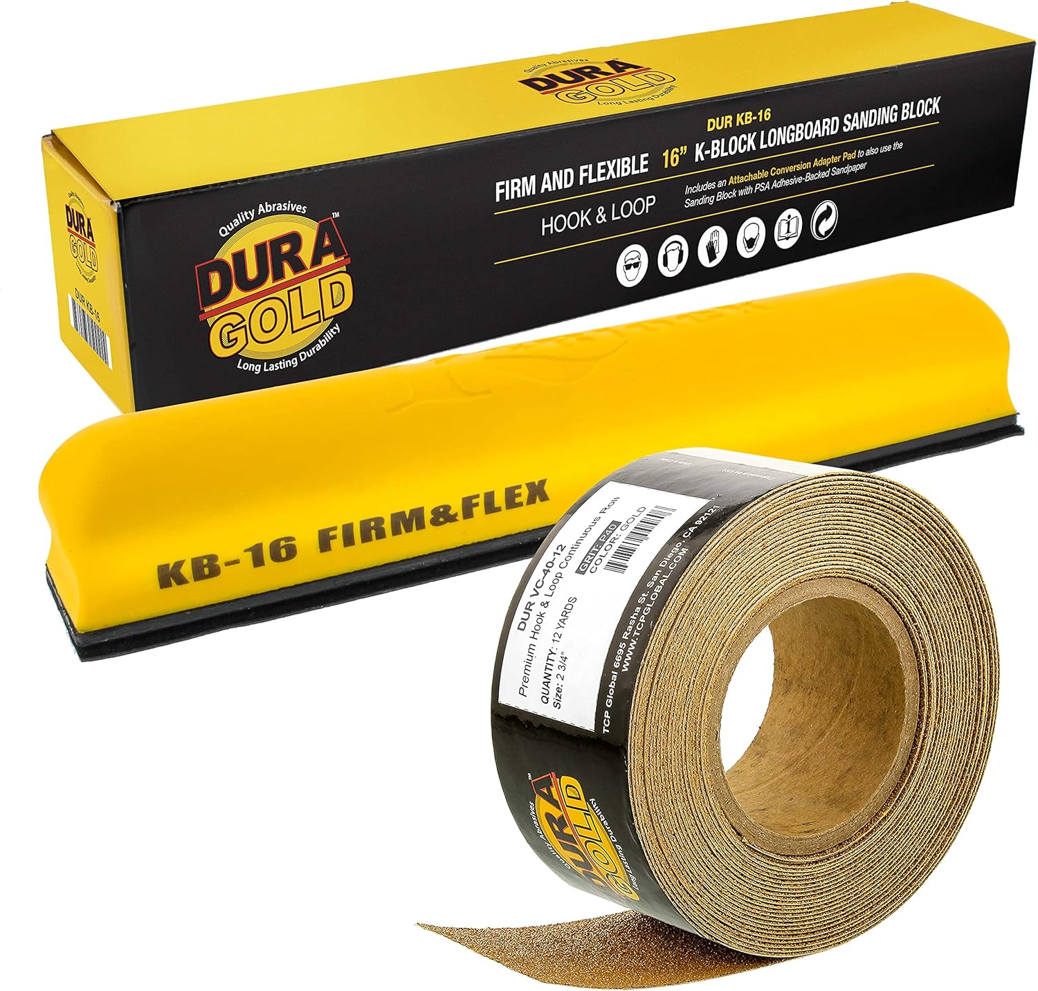 Dura-Gold Pro Series 16" K-Block Sander Firm & Flex Longboard Hand Sanding Block Pad with Hook & Loop Backing and PSA Adapter Pad & 40 Grit PSA Longboard Sandpaper 12 Yard Roll, 2-3/4" Wide