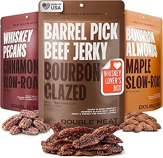Double Neat Bourbon Flavored Snacks Variety Pack | Snacks Gifts for Men | Bourbon Glazed Beef Jerky, Cinnamon Whiskey Pecans, Almonds | Gift for Whiskey Lovers Men | 10oz, 3 Pack