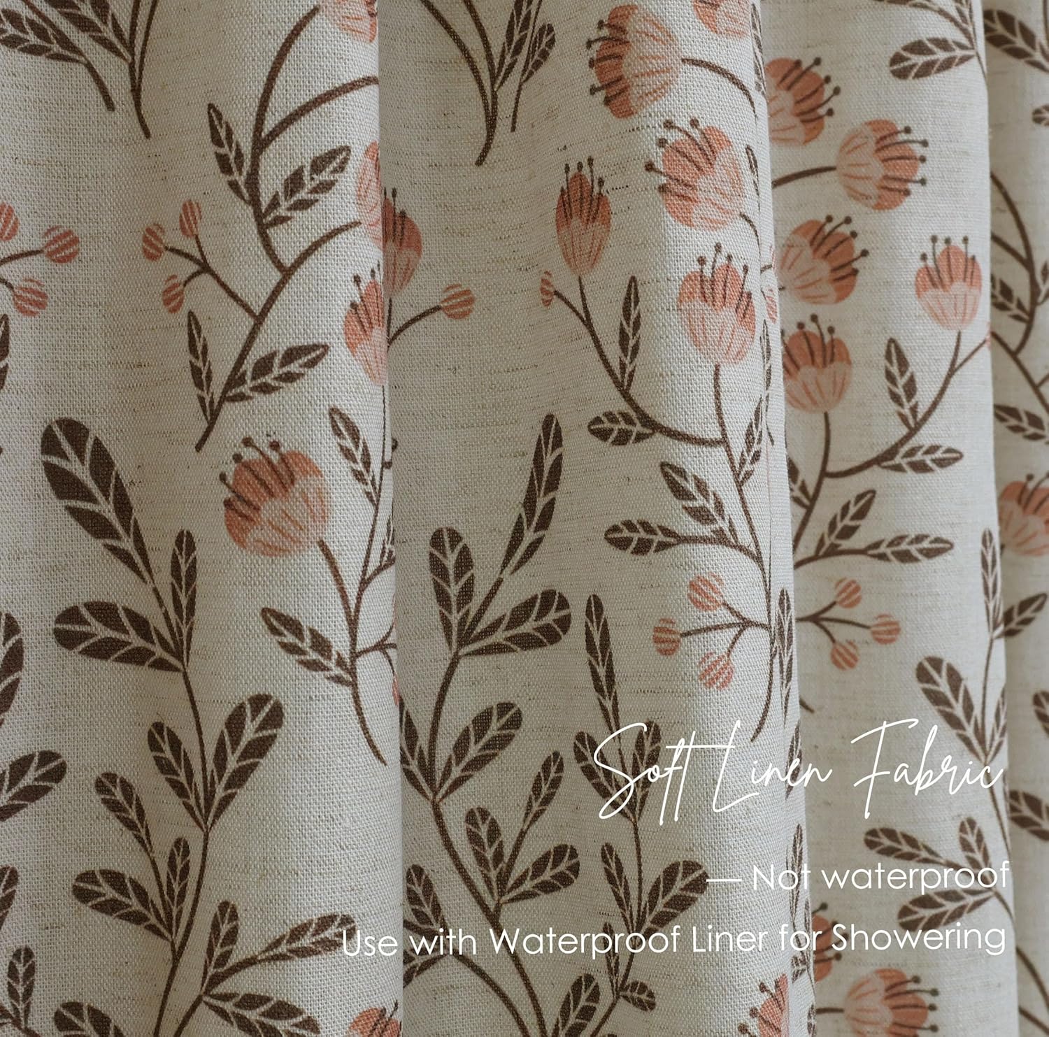 Boho Floral Shower Curtain - 72x72 Inches, Linen Blend Fabric, Breathable & Washable, for Bathroom Decor (Hooks/Liner Not Included)