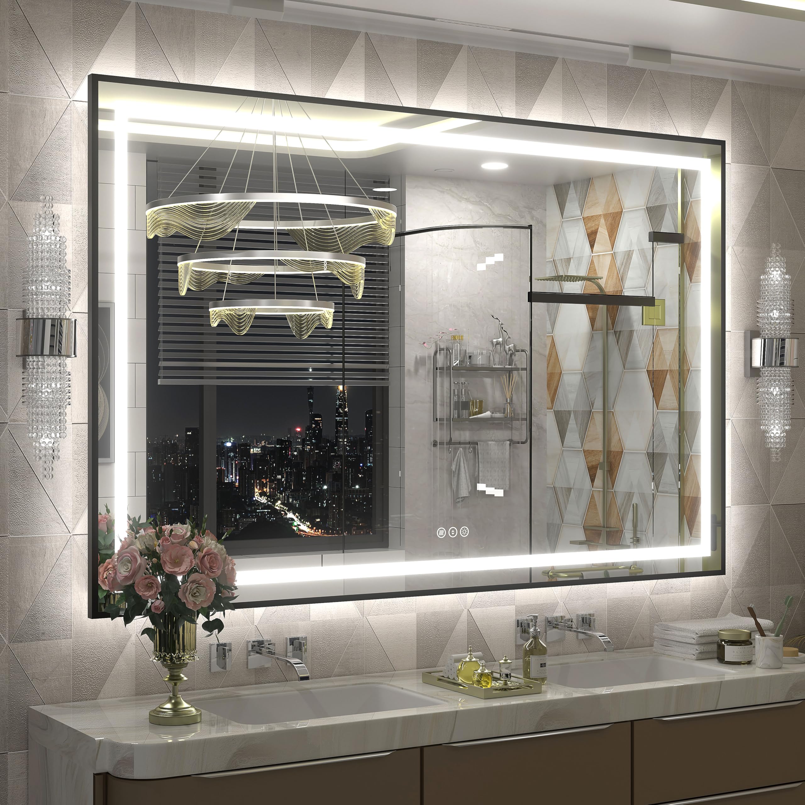55x40 framed led bathroom mirror, large dimmable vanity mirror with lights, anti-fog, memory, shatterproof, backlit and front lighted, etl listed