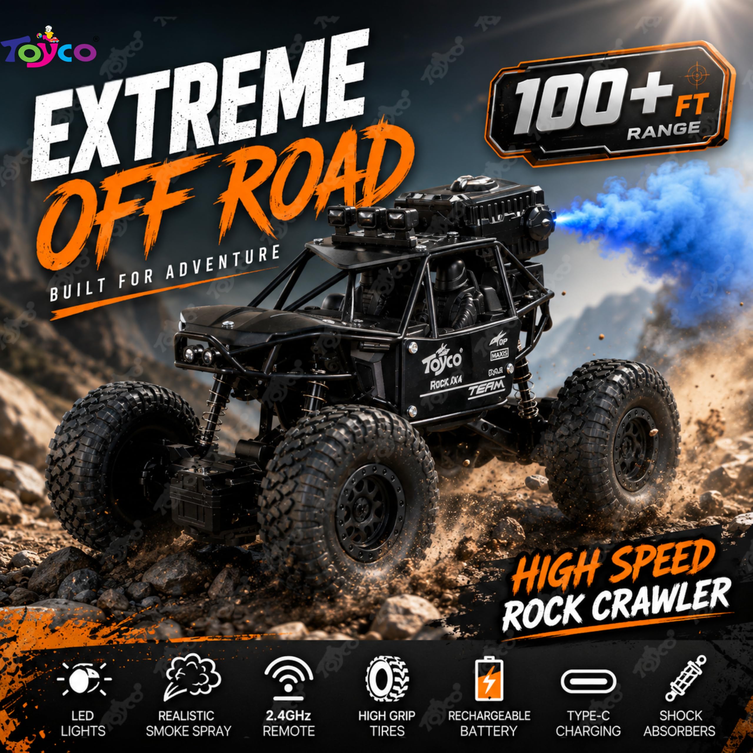 toyco® Rechargeable Remote Control Car Toy - Alloy Rock Crawler with LED Smoke Effect and Anti-Slip Tyres| 1:18 Scale | Off-Road RC 2WD Monster Truck Gift for Kids Boys and Girls Age 4-12+ (Black) — Amazon image 4