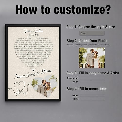 Miniatura 5 de Letras de canciones personalizadas para pared, lienzo impreso con tu foto, texto, poema, letra. Personaliza el retrato, para esposa, novia, día de