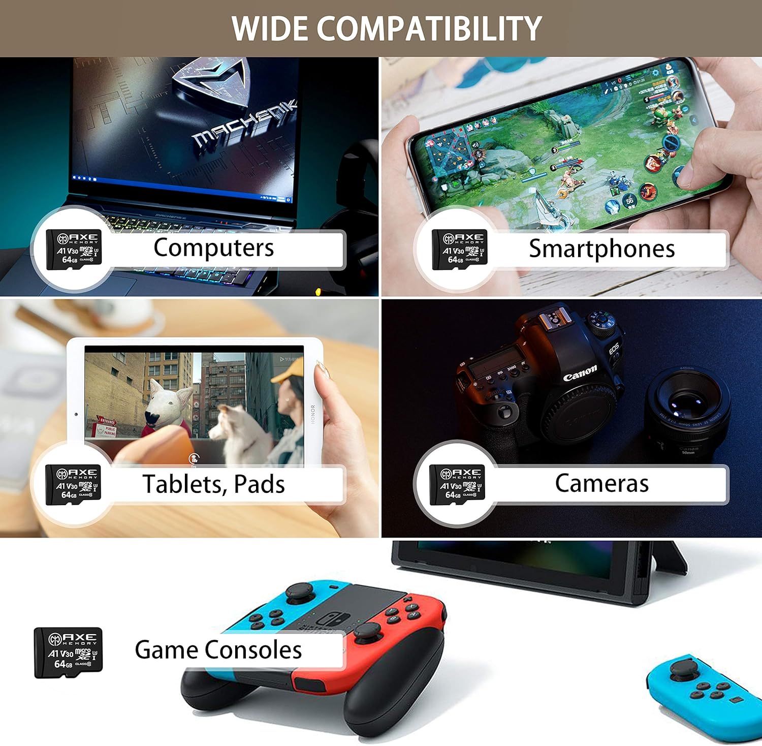 AXE MEMORY 64GB Micro SD Card 4K Ultra Full HD Video High Speed MicroSDXC Up to 95MB/S A1 V30 UHS-I U3, with SD Adapter