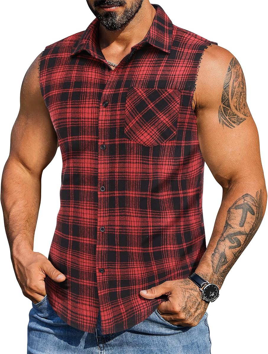 COOFANDY Camisa de franela ligera sin mangas para hombre con botones a cuadros