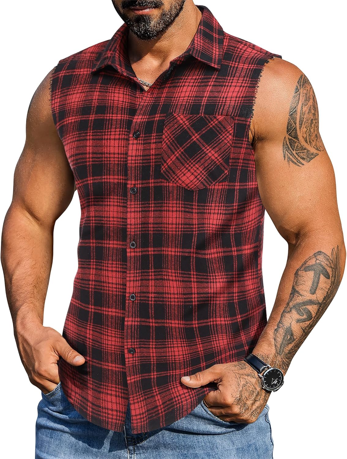 COOFANDY Mens Sleeveless Flannel Shirt Casual Summer Tank Top Button Up Sleeveless Beach Shirts with Chest Pocket
