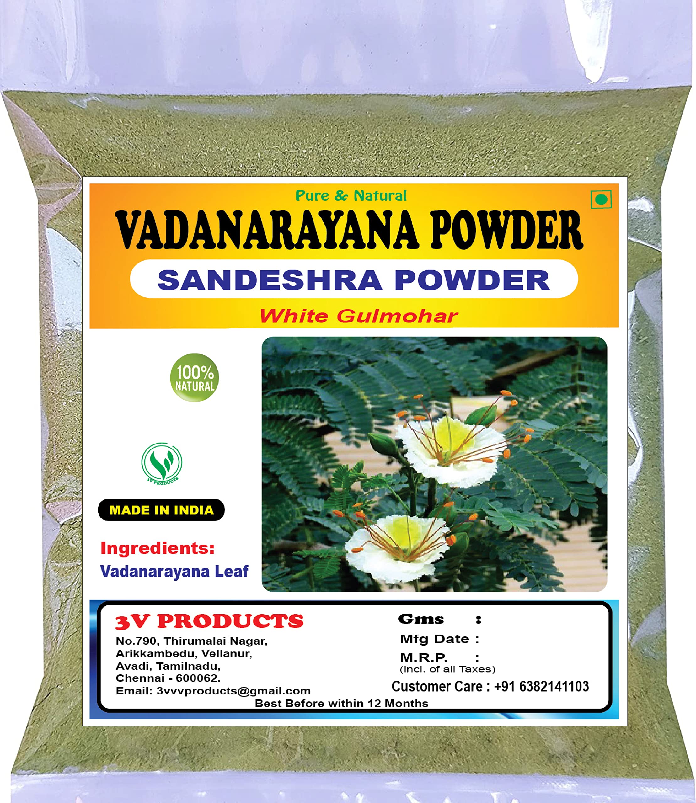 3V PRODUCTS Vadanarayana Leaf Powder 1Kg | Sandeshra | White Gulmohar | Delonix Elata for Stomach Care | Digestion | Joint Pains | Gastric