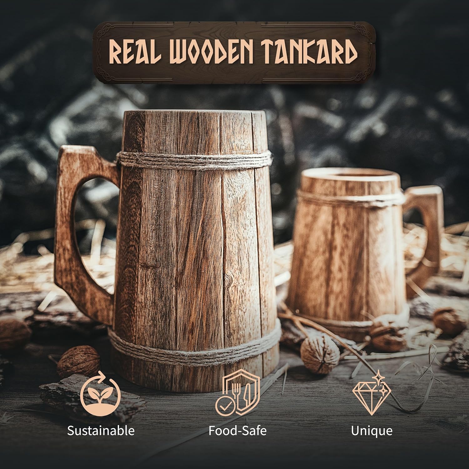 Norse Tradesman Wooden Beer Mug - 100% Handcrafted Ale Tankard - Includes Medieval Gift Sack - 32 oz