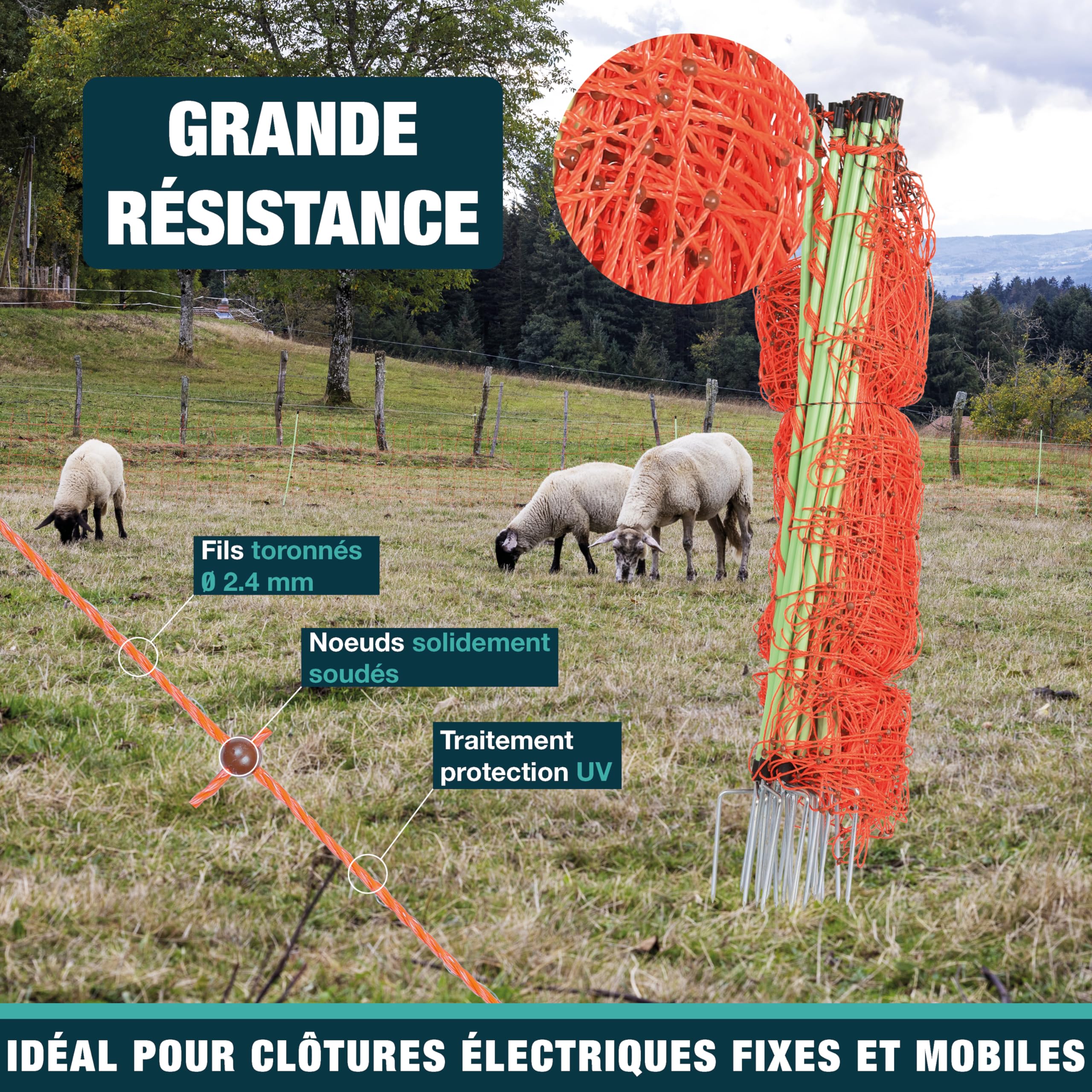 Filet électrifiable 50m - 14 Piquets - Hauteur 88cm - Clôture électrique pour animaux - Solution facile à installer et mobile - Double Pointe - Filet pour mouton, chèvre, poule (Premium)