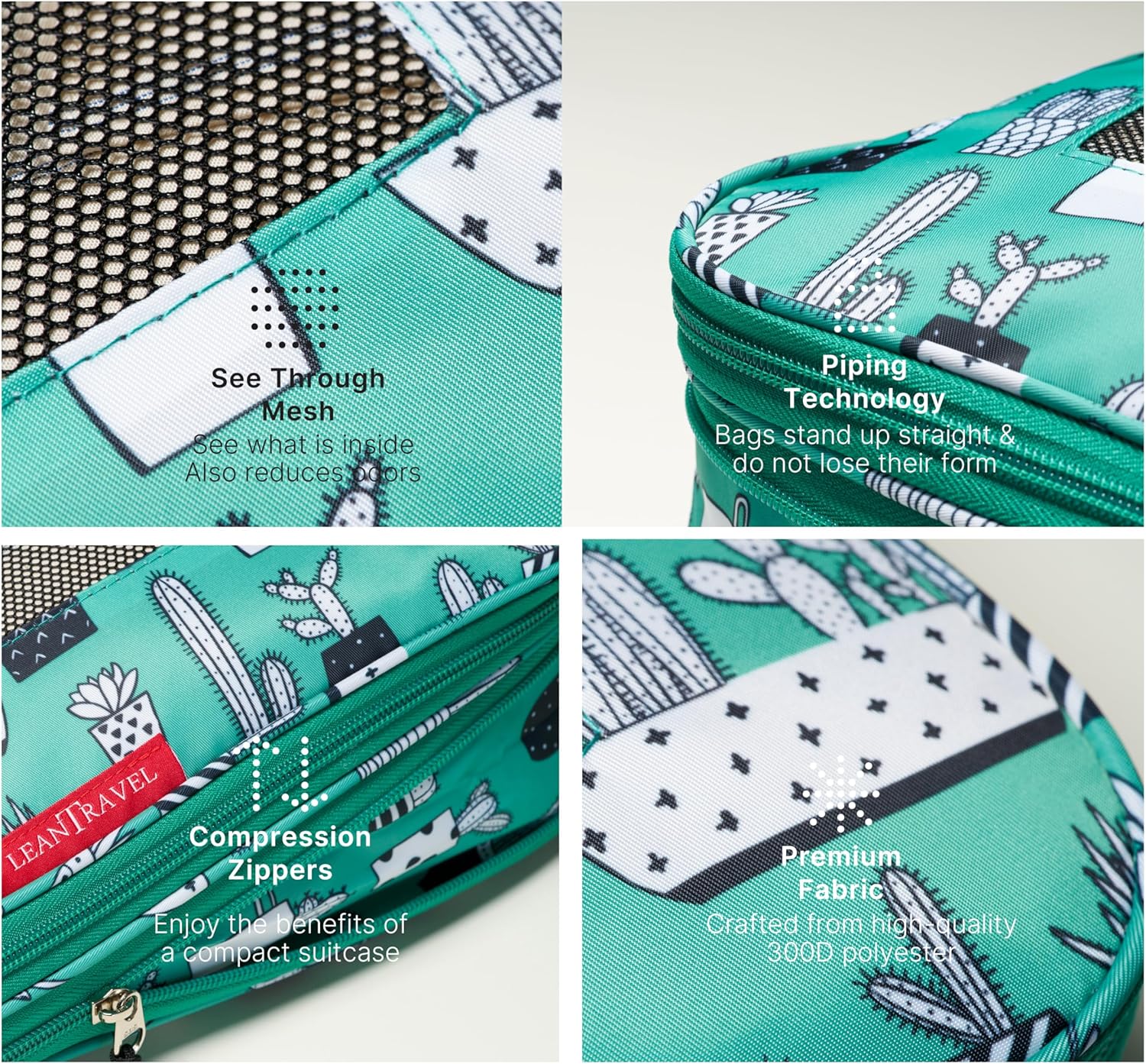 LeanTravel Premium Compression Packing Cubes for Travel - Luggage Organizers with Double Zipper - Sturdy Bags for Suitcase (6-Pack, Green Cactus) - Image 3