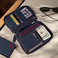 Vista 2 de TORRO Cartera de viaje Organizador de viaje de cuero genuino con soporte para pasaporte y tarjetero desmontable, Azul marino con detalle rojo