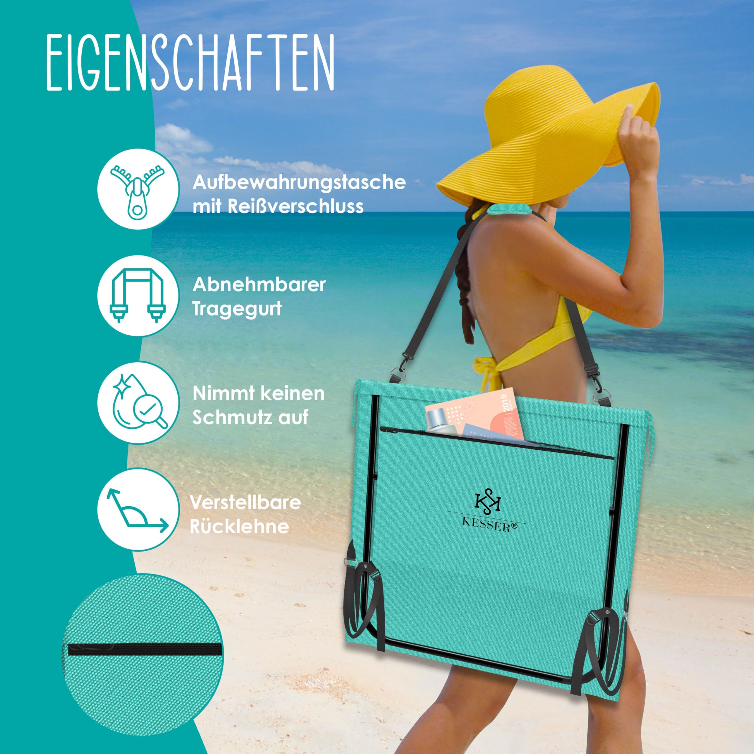 KESSER Juego de 2 esterillas de playa plegables con respaldo ajustable, correa de transporte, bolsa impermeable y almacenamiento, tumbona plegable para playa, jardín y terraza, soporta 130 kg cada uno