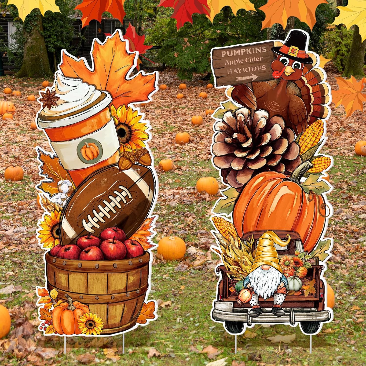 Leinuosen 2 Pcs Outdoor Thanksgiving Decoration Stacked Fall Autumn Yard Signs with Stake 32 Inch Turkey Pumpkin Yard Decoration Plastic Maple Lawn Sign for Garden Party Supplies