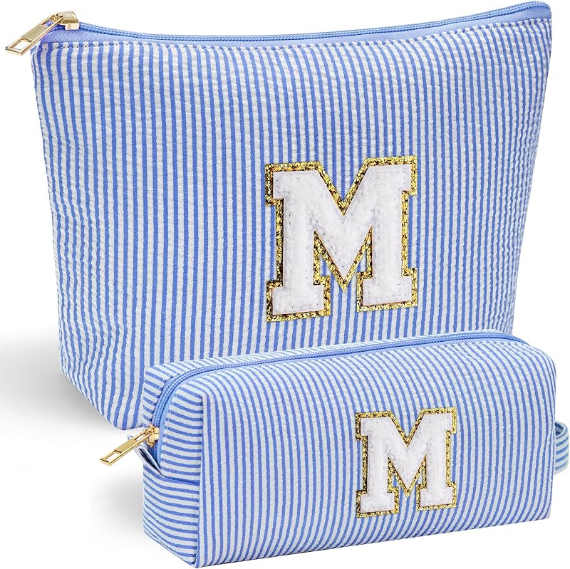 Necessaire de maquiagem YOOLIFE azul com letra personalizada, tamanho M