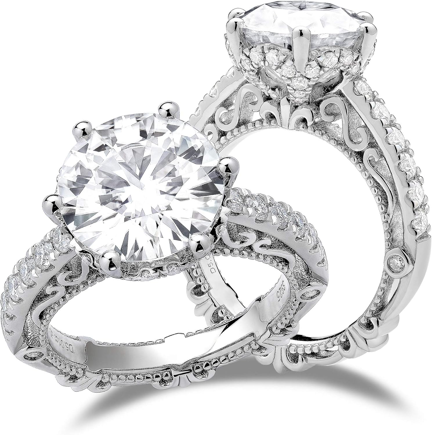 DovEgg Sterling Silver 5ct Center 11mm G-H-I Color Heart Arrows Cut Vintage/Antique Moissanite Engagement Ring Solitare with Accents Band Width 3.4mm