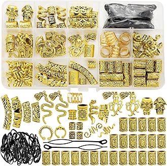 207 Pcs Viking Hair Clips Beads Nordic Runes Tube Beard Bead Braided Clips Hair Charms,Locs Rings Jewelry Hair Dreadlock Accessories Kit for Men Women Vintage Golden
