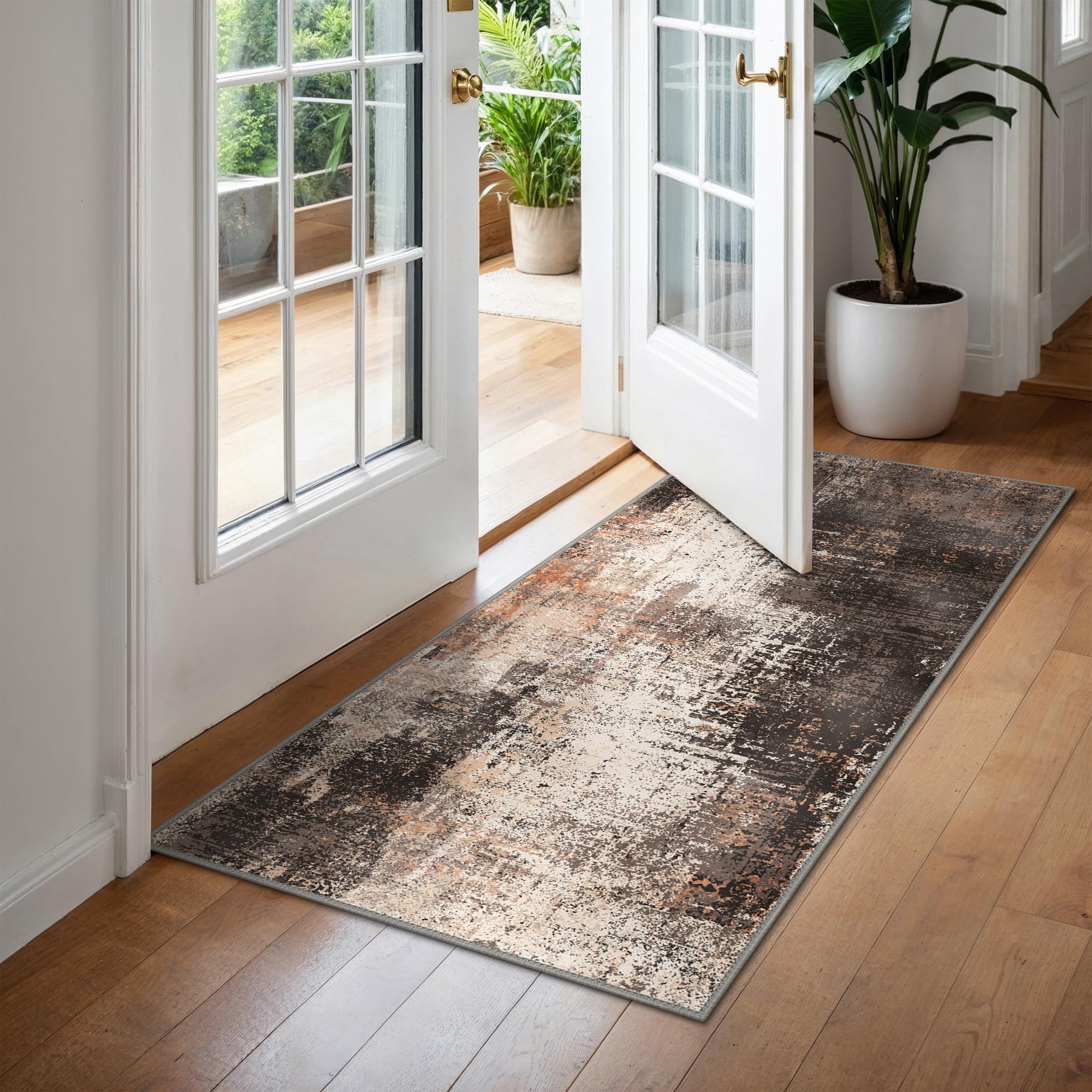 BEIMO Small Modern Rugs 60x90cm,Washable Rug Foldable Distressed Finish Print Thin Rugs Non Slip Carpet for Entryway Bathroom Bedroom, Earthen Brown โ image 1