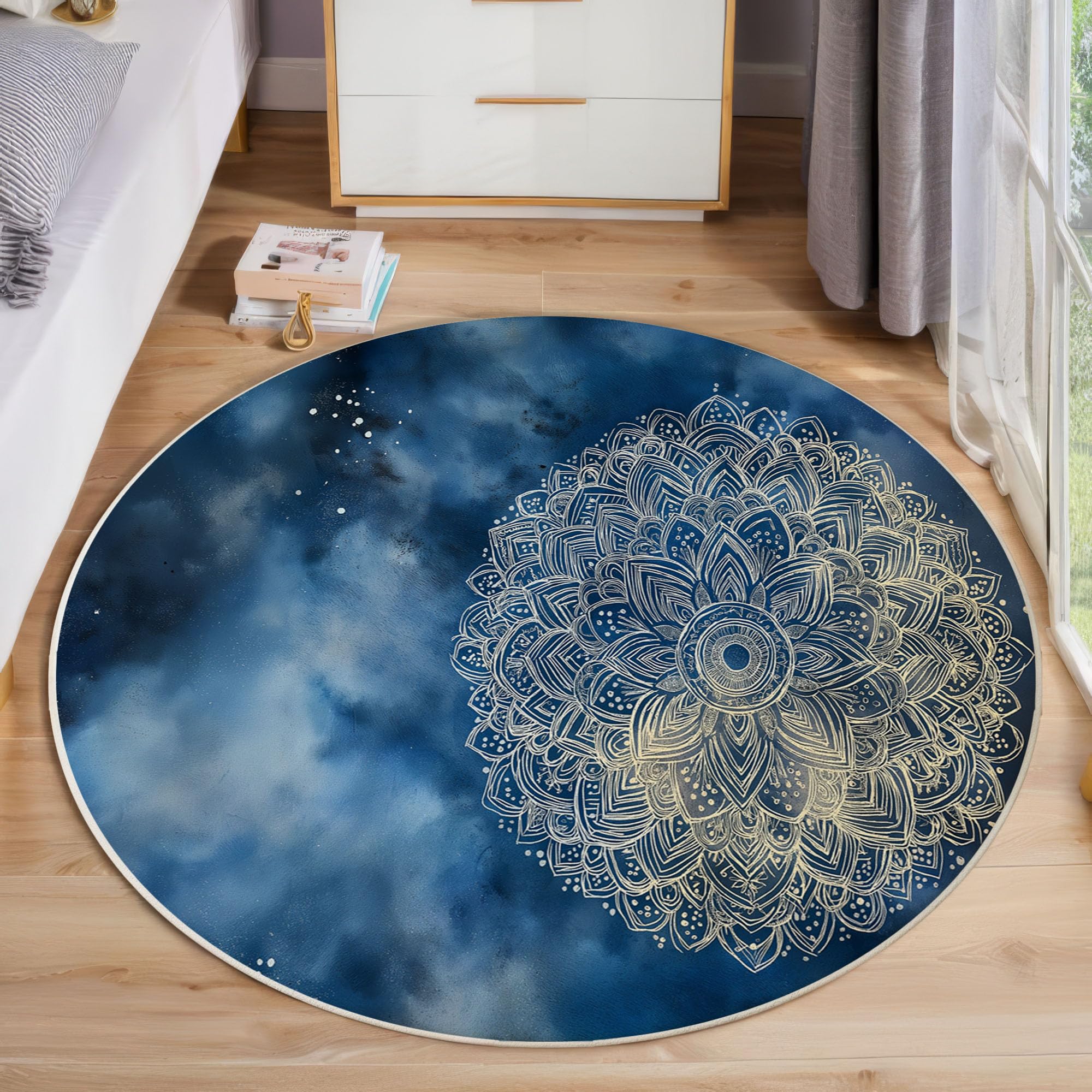 Tappeto Rotondo Salotto Tema Di Meditazione Tappetini Antiscivolo Tappeto Mandala Del Cielo Stellato Tappetini Pelo Corto per Bambini Cameretta Cucina Casa Zona Balcone Tavolino, 140 cm, Blu Scuro