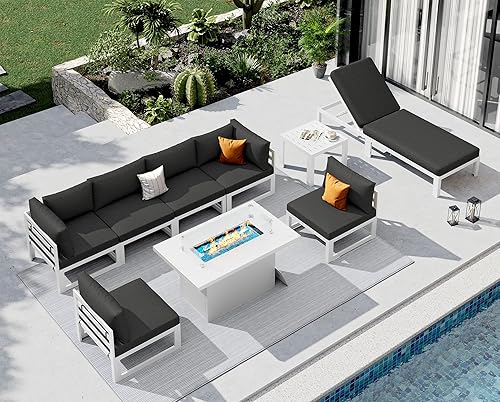 Miniatura 938 de NICESOUL 7 Piece White Powder-Coated Aluminum Patio Furniture with Fire Pit Table, 29 Inch Extra Wide Outdoor Sectional Sofa for 6, High-End Heavy