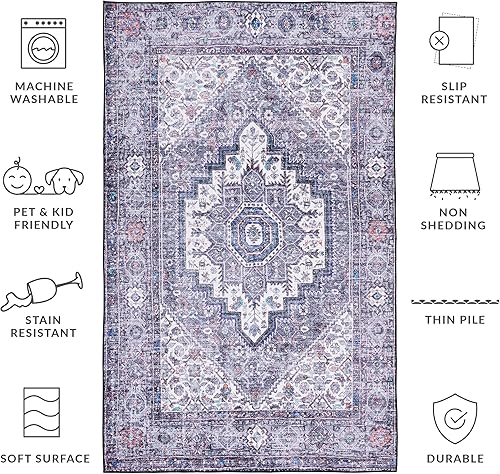 Miniatura 4 de SAFAVIEH Alfombra lavable Tucson Collection - 6 x 9 pies, beige y gris, antideslizante, ideal para zonas de alto tráfico en sala de estar,