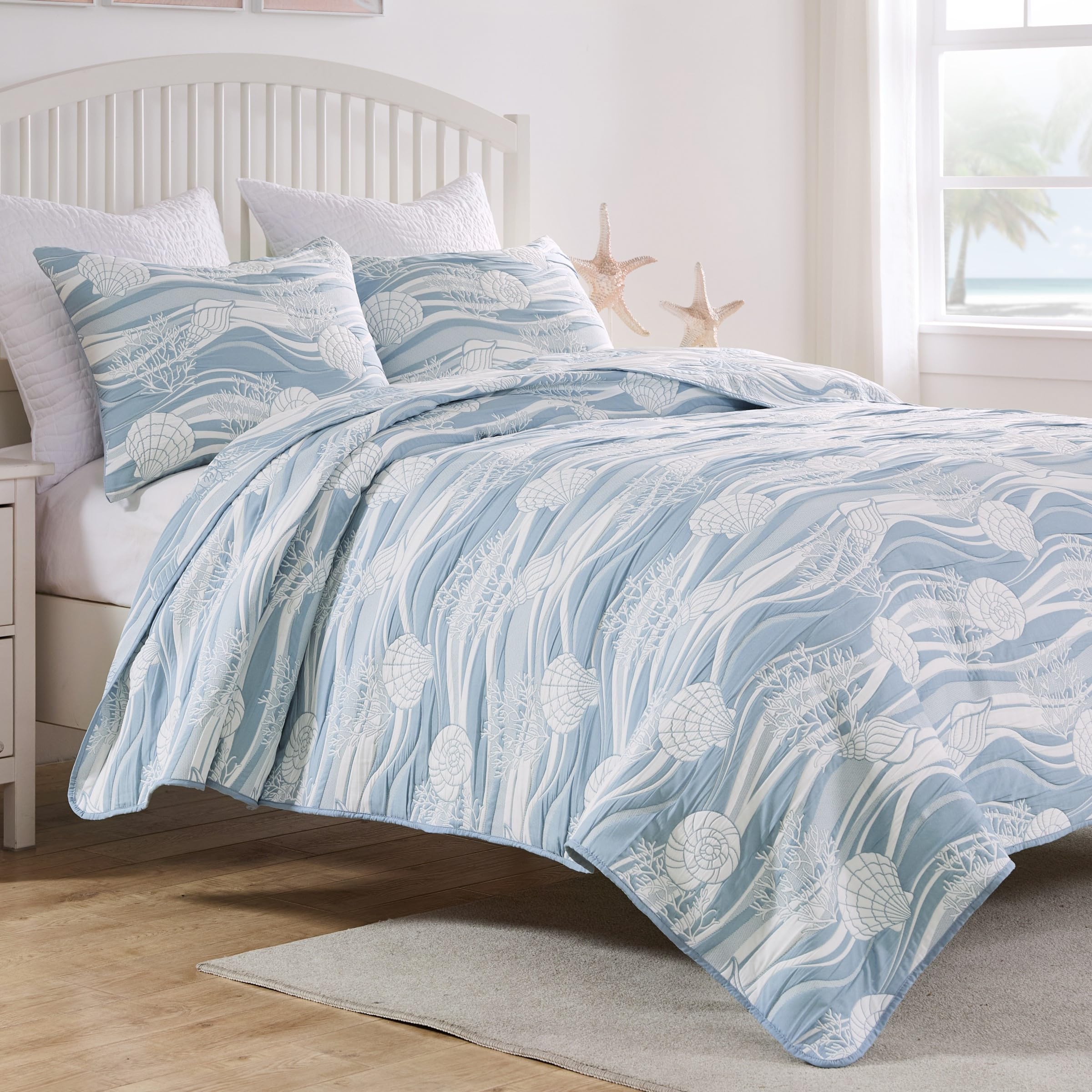 greenland home coastal paradise reversible matelasse coverlet set, 3-piece king/cal king, dover tidal blue