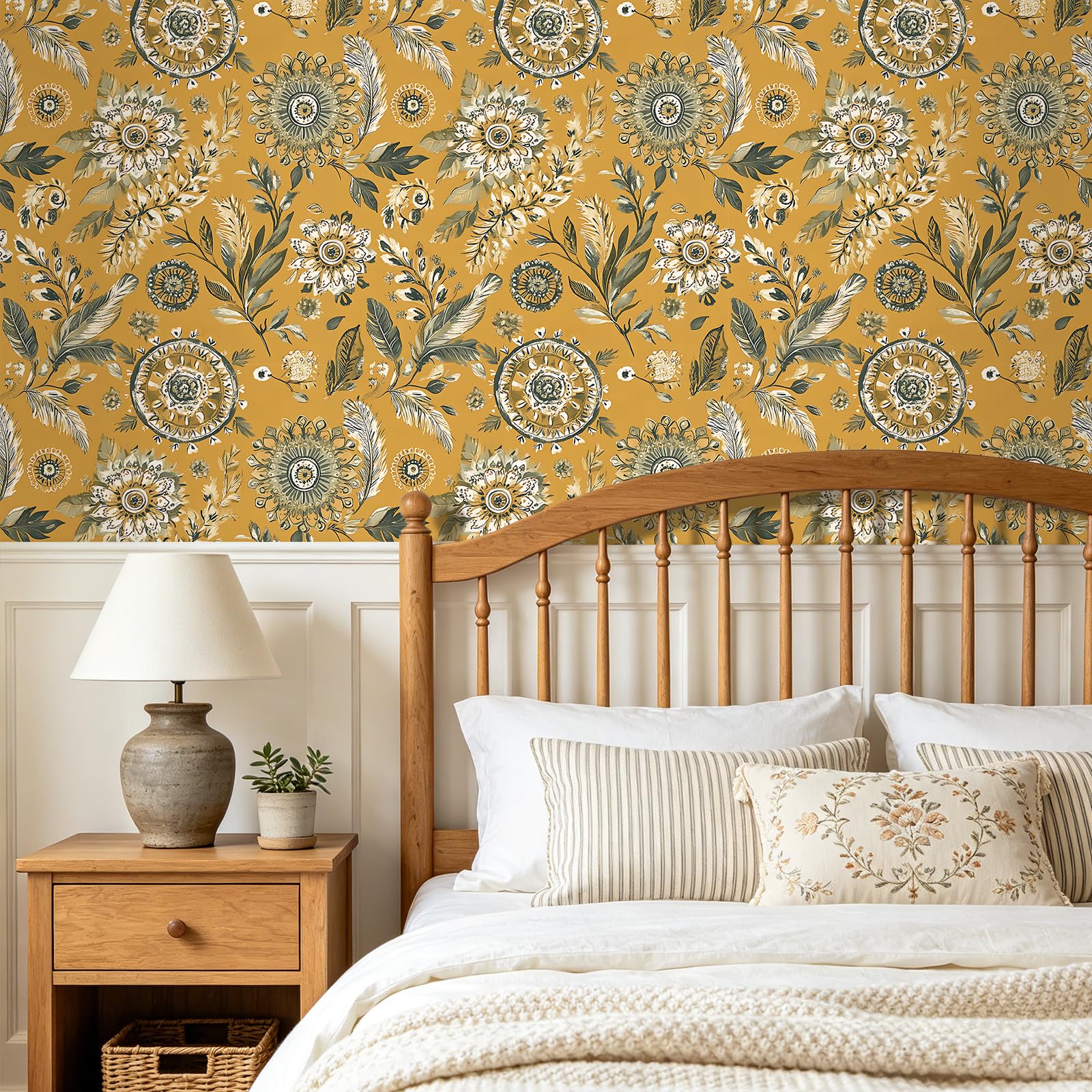 FunStick 44.5CMx9M Papel de Pared Autoadhesivo para Dormitorio Baño Amarillo Anaranjado Papel Armario Adhesivo Floral Tropical Impermeable Vinilos para Muebles Flores Hojas Amarillo Vinilo Pared Salon