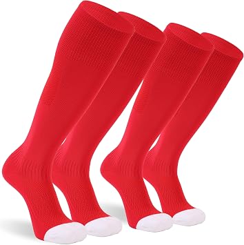 Sunew Sports Knee High Soccer Socks Mens Womens Long Tube Rugby Soccer Football Game Solid Baseball Softball Homecoming Socks for Back to School Red XL 2 Pairs