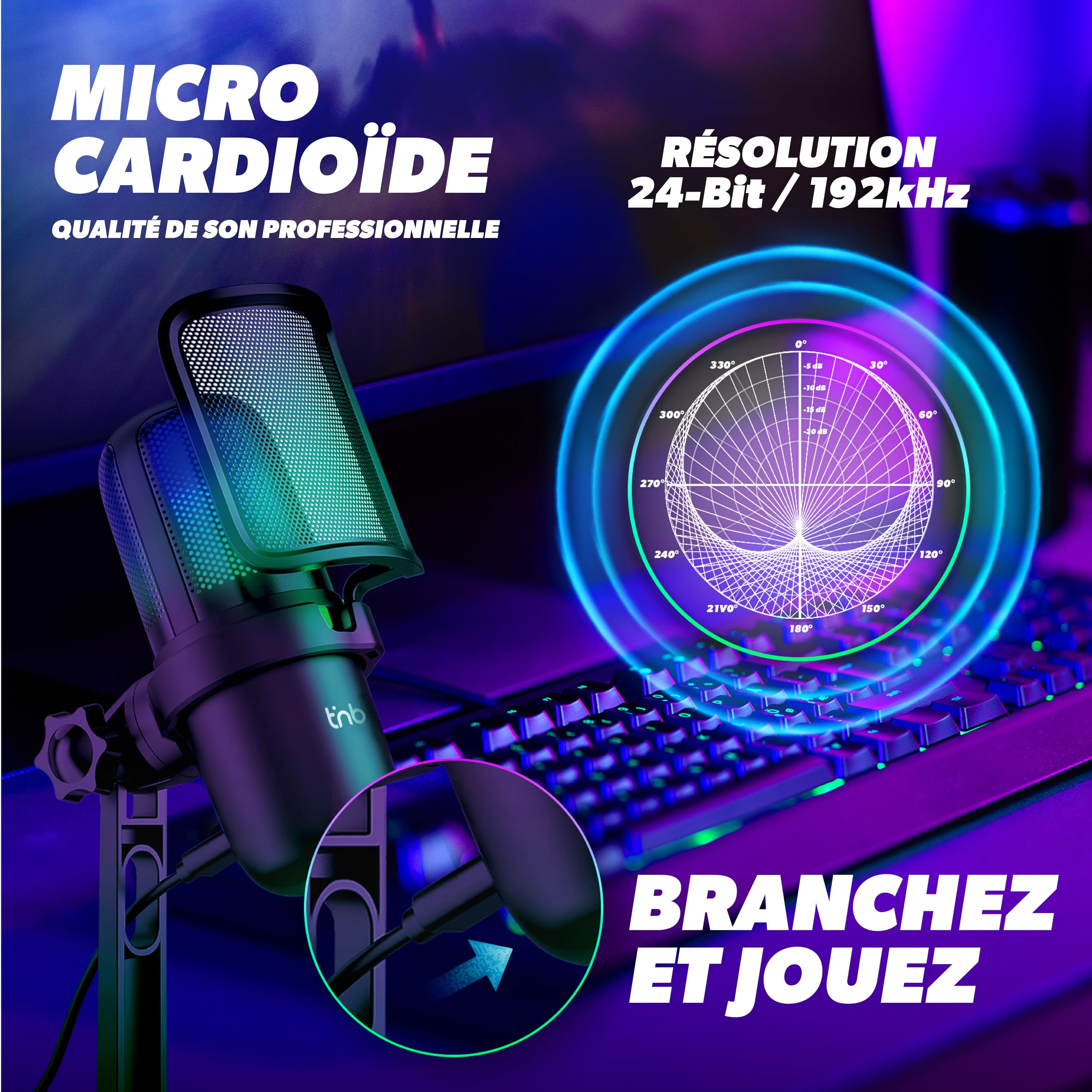 T'nB - Microphone USB à Condensateur pour PC et PlayStation PS4/PS5, Microphone Gaming Lumière RGB, Streaming et Podcast, idéal Youtube, Twitch, Discord et Jeux Vidéo - Noir
