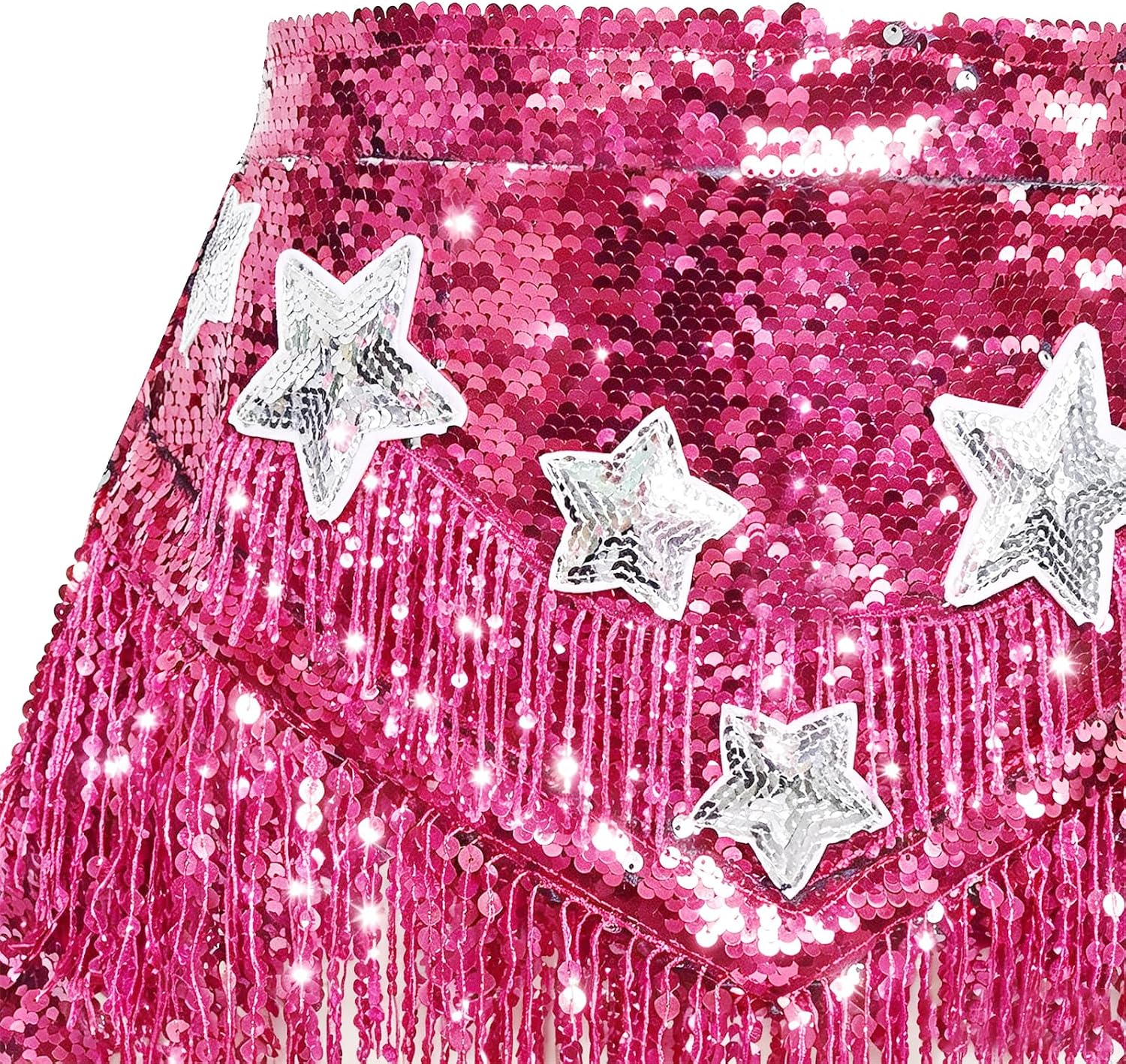 Girls Sequin Skirt Sparkly Fringe Tassel Mini Dance Skirt with Star Patches