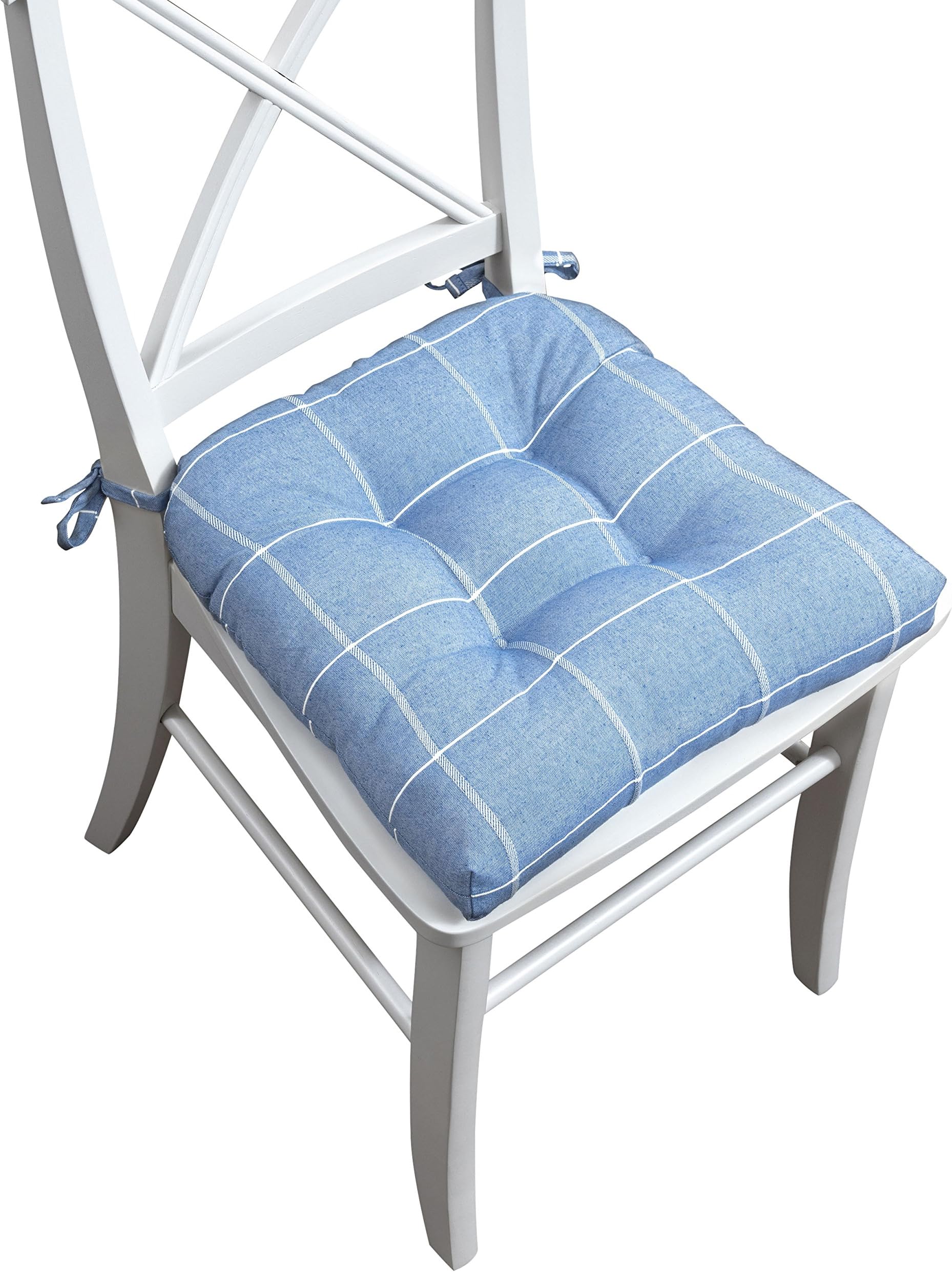 Arlee Highland, Plaid Woven, Fiber Filled Chair Pads with Tiebacks, 16”L x 16’’W, Blue 2 Count