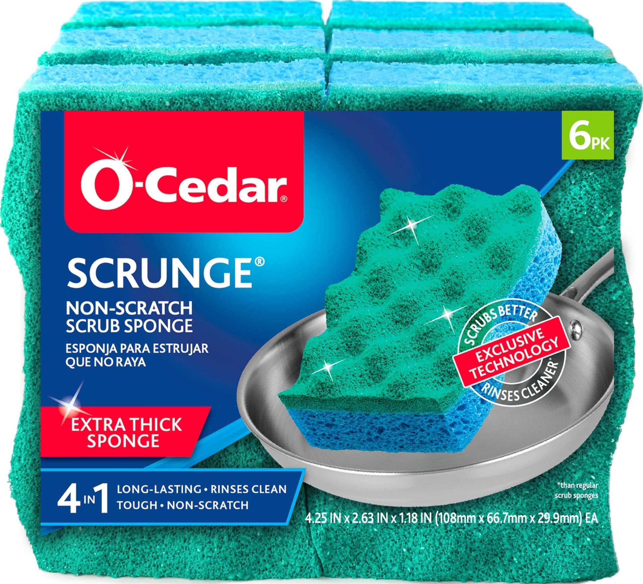 O-Cedar Scrunge Multi-Use Scrub Sponge (Pack of 6) | Non-Scratch, Odor-Resistant, All-Purpose Scrubbing Sponge | Safely Cleans All Hard Surfaces in Kitchen & Bathroom