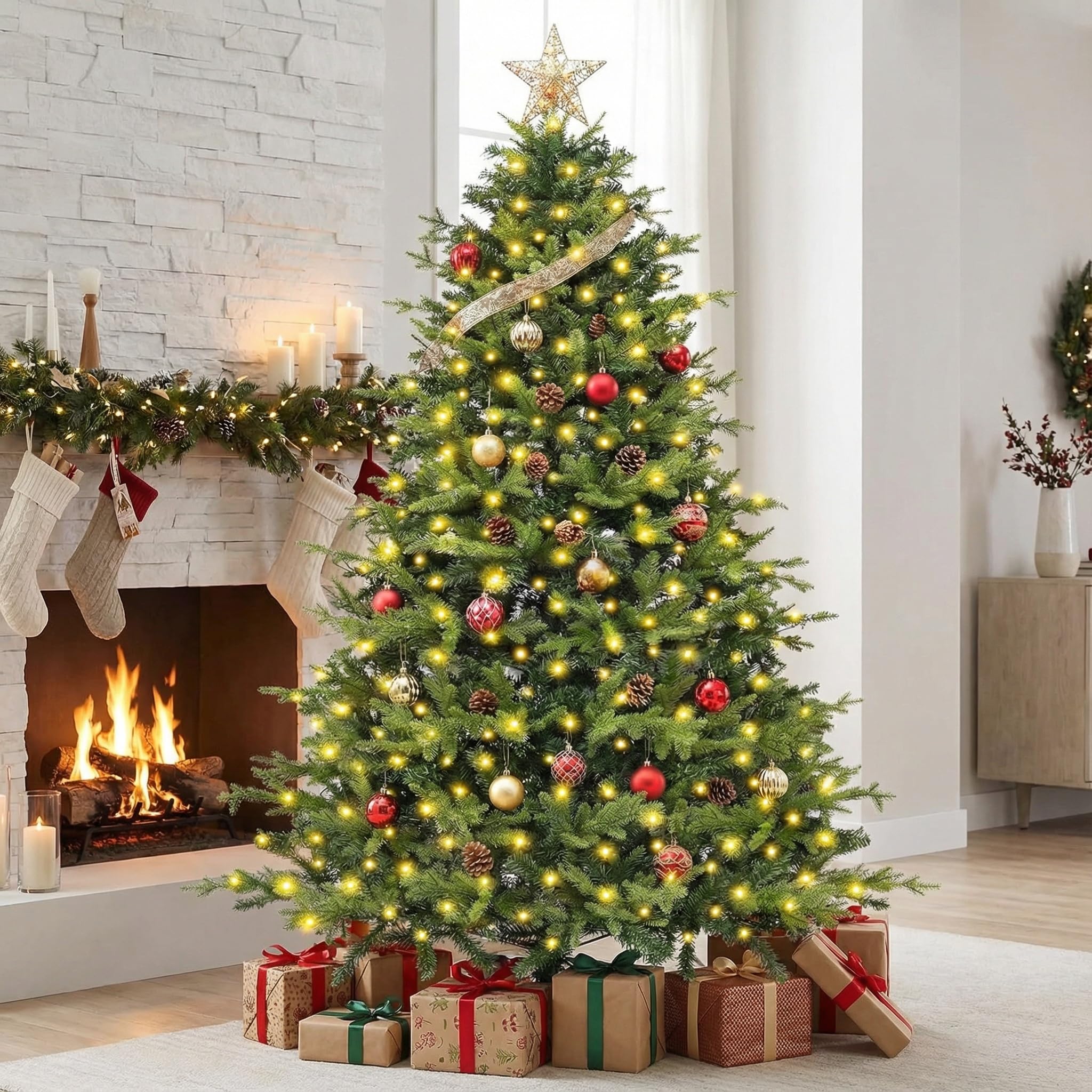 Sapin de Noël Artificiel 180 cm - Sapin de Noël avec lumières Blanc Chaud - 1000 Pointes de Branche en polyéthylène PVC - Pliable - pour décoration de Noël intérieure