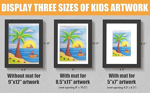 Miniatura 3 de Paquete de 2 marcos de arte para niños, exhibición de 8.5 x 11 o 5 x 7 con paspartú, 9 x 12 pulgadas sin paspartú, marcos de arte para niños, con
