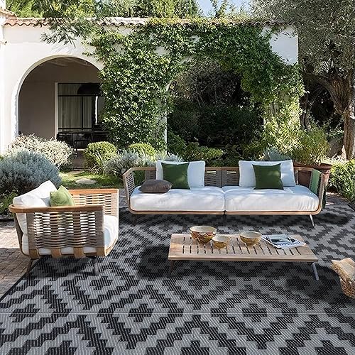 Miniatura 7 de SAND MINE - Alfombra impermeable para exteriores de 9x12 pies, alfombra reversible de plástico, alfombra moderna de área, alfombra grande para suelo