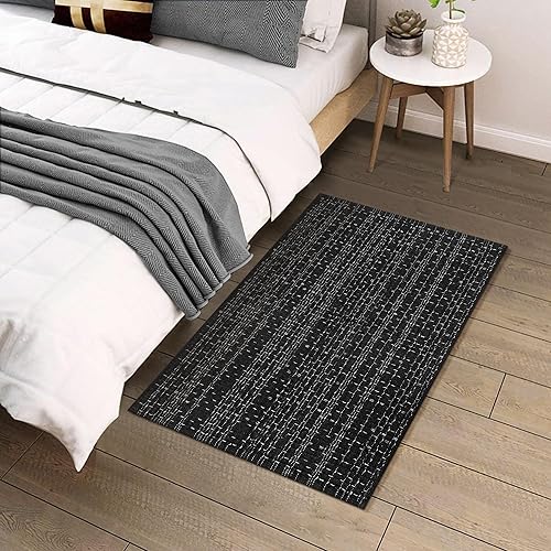Miniatura 7 de Alfombra de baño estilo bohemio, 2 x 3 pies, alfombra de algodón tejida a mano para entrada, reversible, lavable, alfombra estilo granja, color Negro