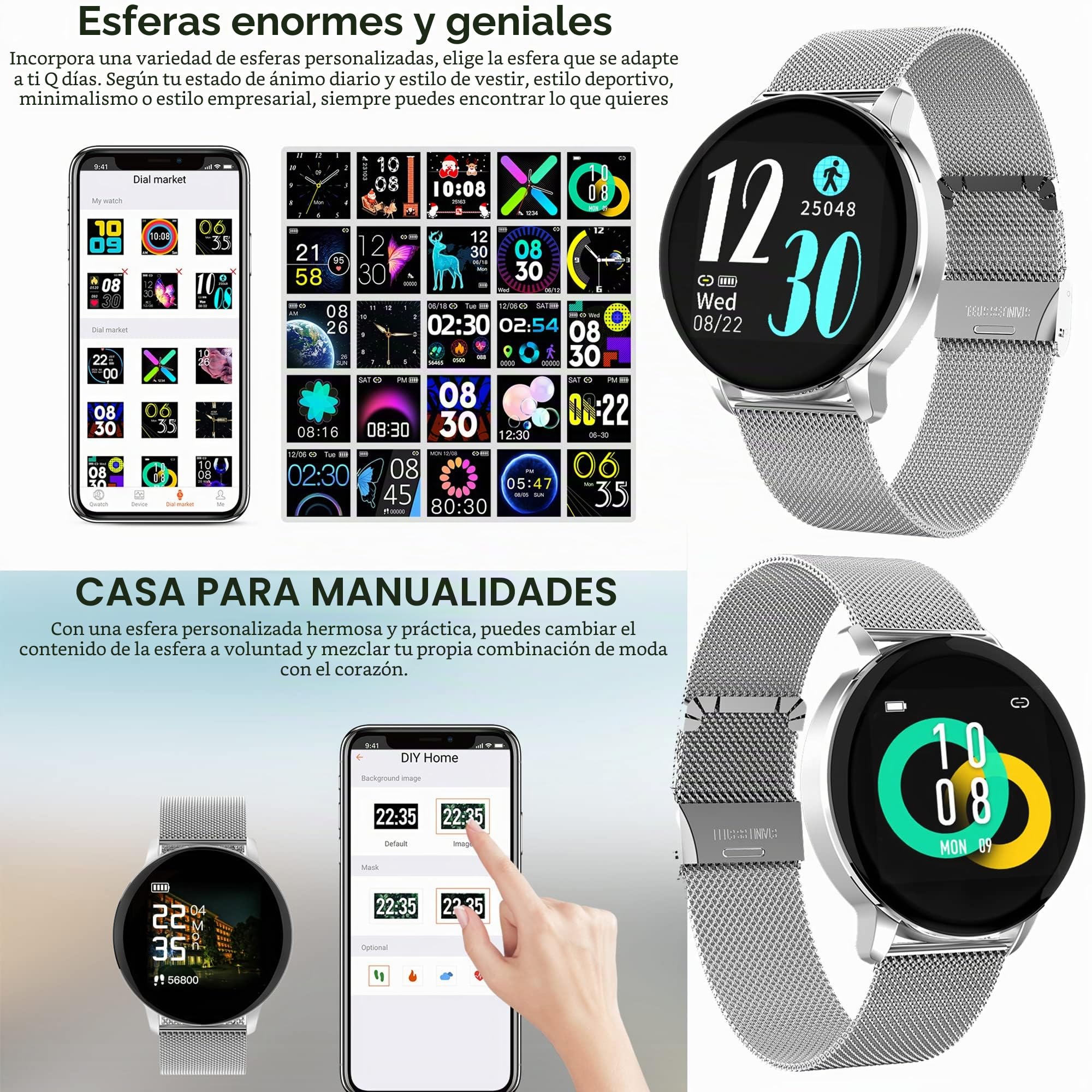Smartwatch Mujer,Reloj Inteligente con Oxígeno Sanguíneo Presión Arterial Frecuencia Cardíaca,Calorías, Monitor de Sueño, Podómetro Pulsera Actividad Inteligente IP67 para Android iOS (Plata)