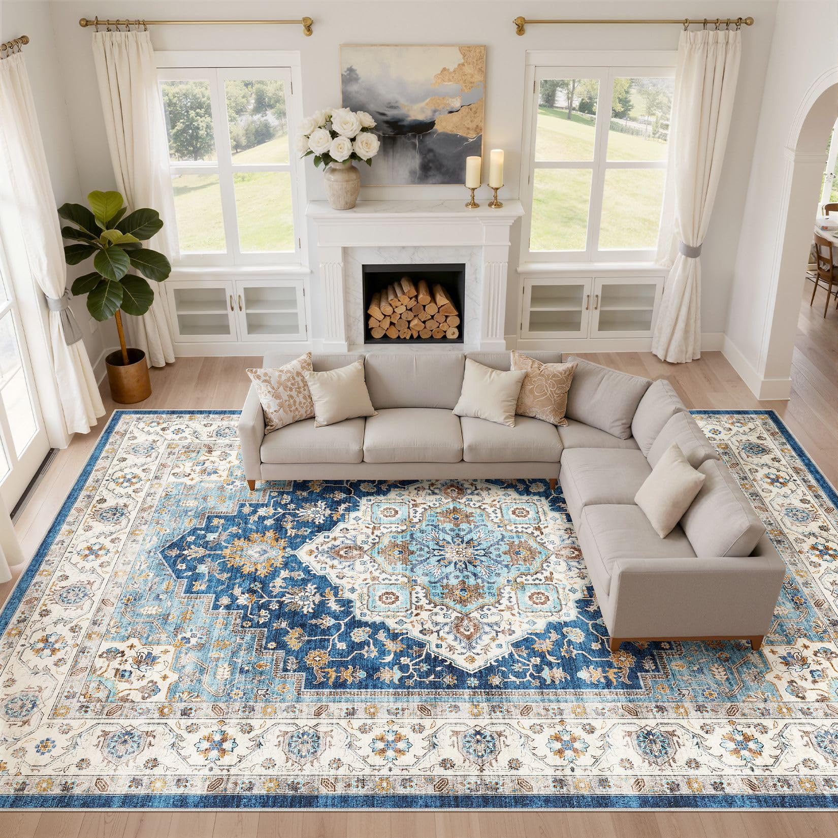 LOONGRUG 10x14 Area Rugs Washable Vintage Boho Living Room Rug Navy Beige
