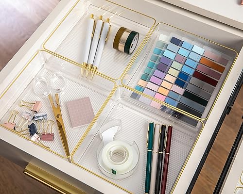 Martha Stewart Kerry - Organizadores de cajones de escritorio apilables de plástico, 6 x 6 pulgadas, paquete de 4, con ribete dorado