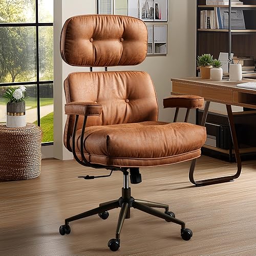 Silla de oficina grande y alta de mediados de siglo, silla ejecutiva Ergenonómica grande para personas de servicio pesado, silla de tareas de escritorio de computadora con ruedas, faux lether tela silla ancha para el hogar resistente, marrón (gamuza)