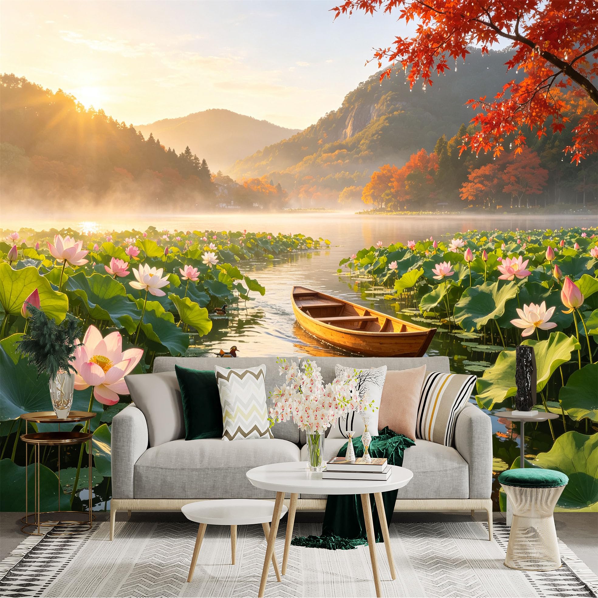 Custom Size Wall Sticker Mural， Scenic Lotus Pond with Wooden Boat， Autumn Foliage and Swimming Ducks， for wall Decoration， peelandstick wall Decals.