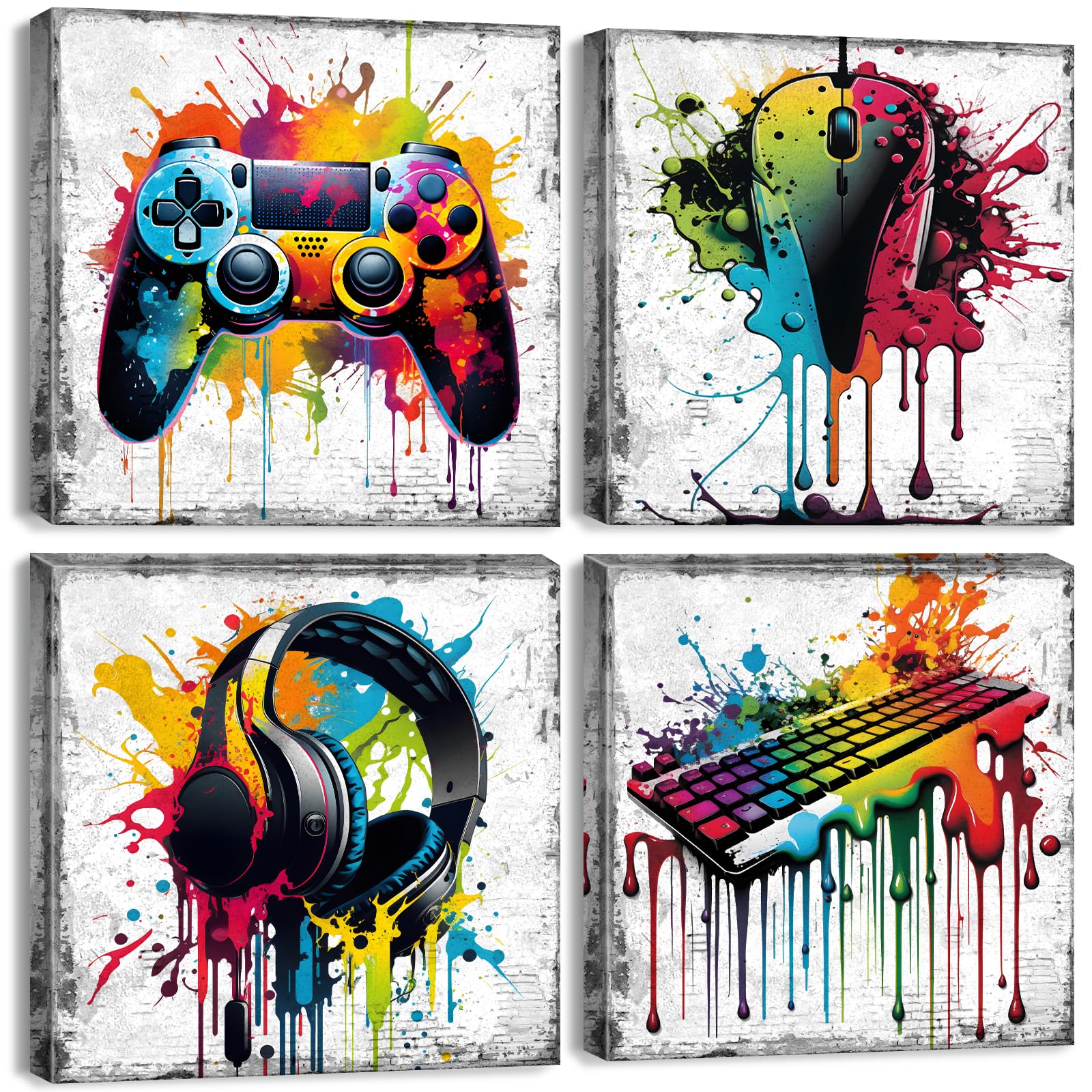 YOOOAHU Game Wall Decor Gaming Art Graffiti Gamepad Headphones Canvas Pictures Gamer Room for Boys Street Pop Bedroom Dorm Playroom Cave Teen Men Cool Video Painting Modern Artwork 12x12'' 4 Pcs