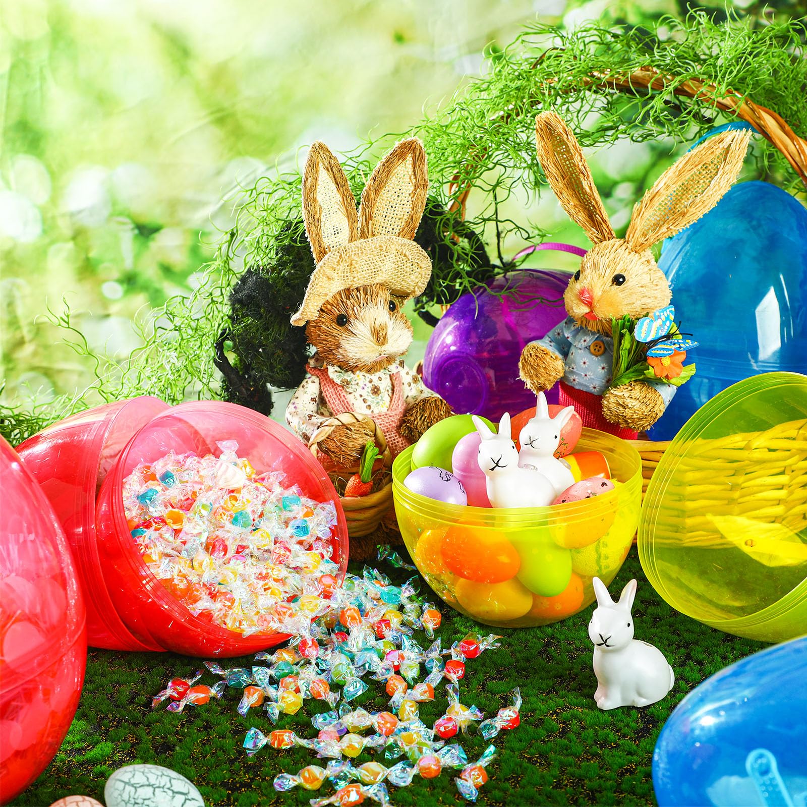 Funtery Huevos gigantes de Pascua de 10 pulgadas rellenables de plástico con asas, recipientes de plástico para huevos de Pascua, cubos en forma de huevo para decoración de caza de Pascua (4 unidades,