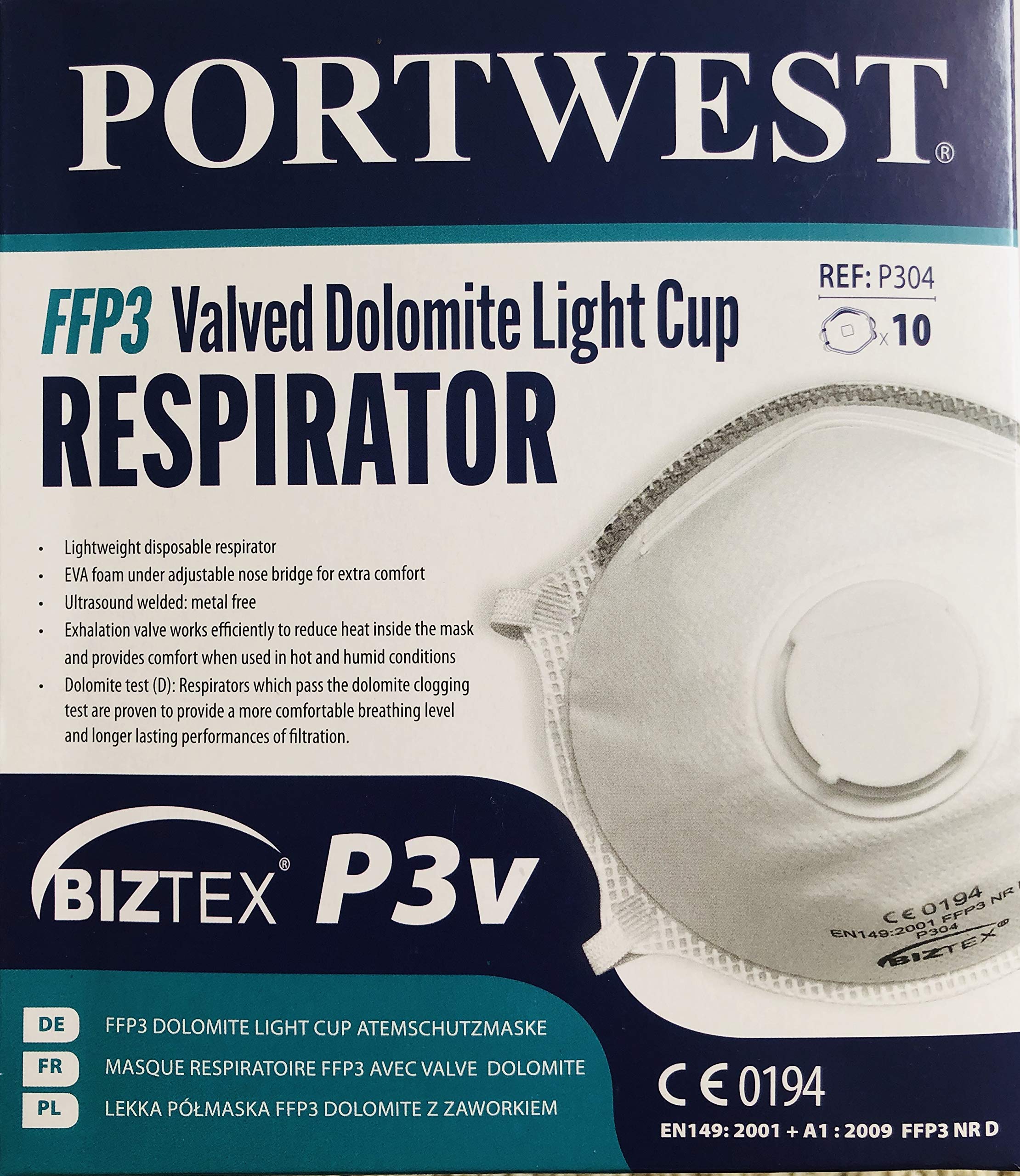 Portwest P304WHR - Respirador de vaso de luz con válvula dolomita, regular, color blanco (caja de 10)