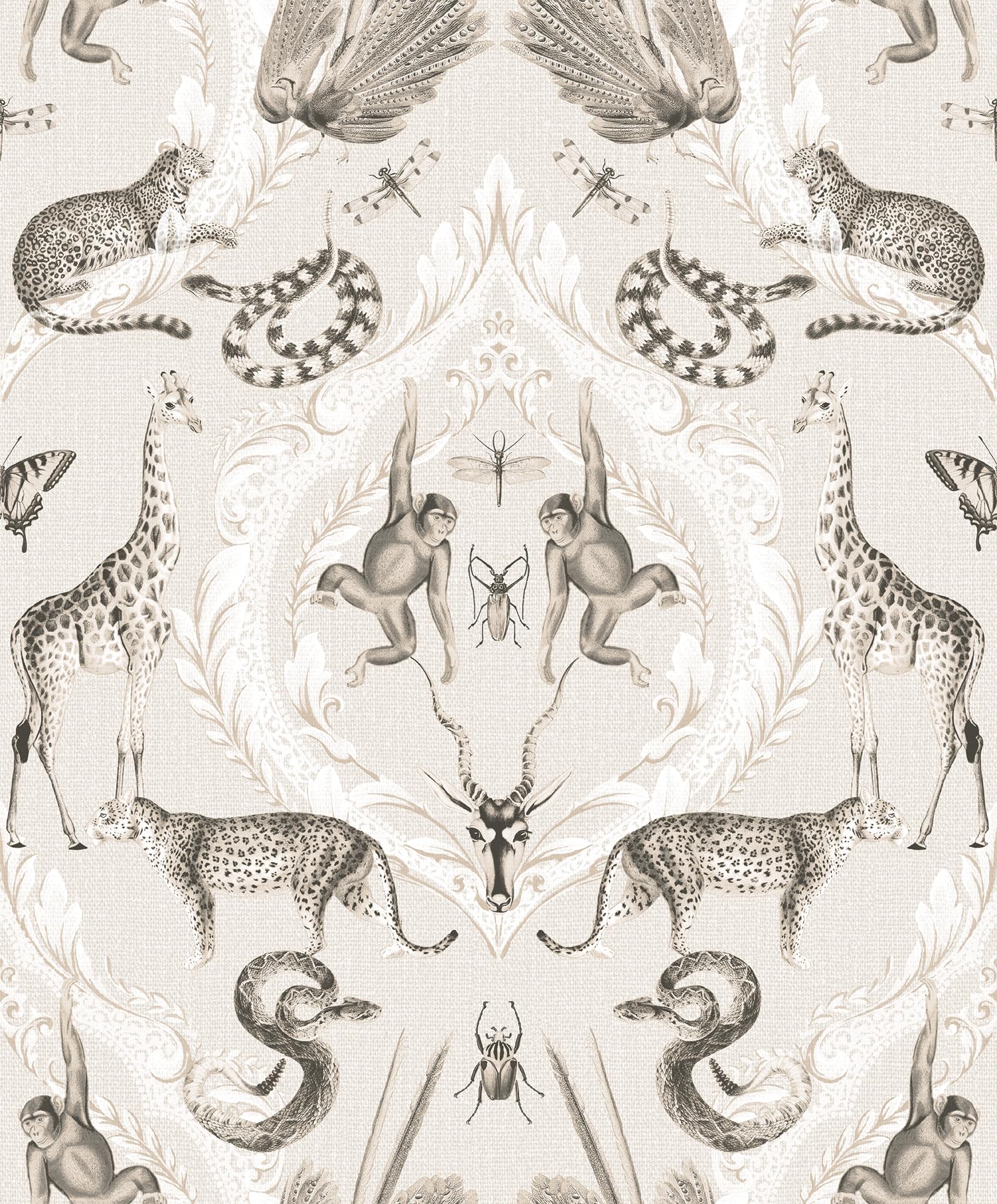 Papier peint animaux tropicaux damassés de prestige beige noir Bazaar G78309